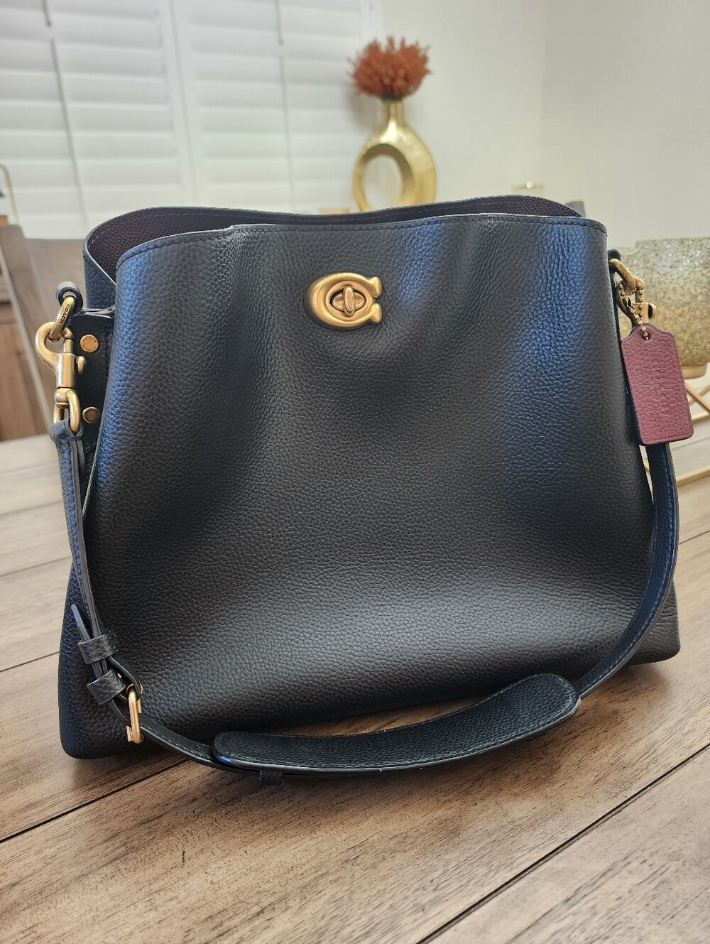 Coach Black Leather Crossbody with Burgundy Interior and Gold Hardware